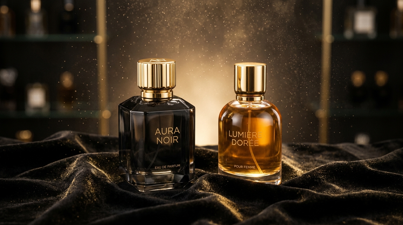 Frascos de perfume árabe de luxo sobre veludo bordô